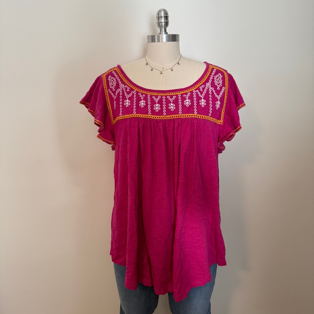 Lane Bryant Pink Embroidered Flutter Sleeve Blouse